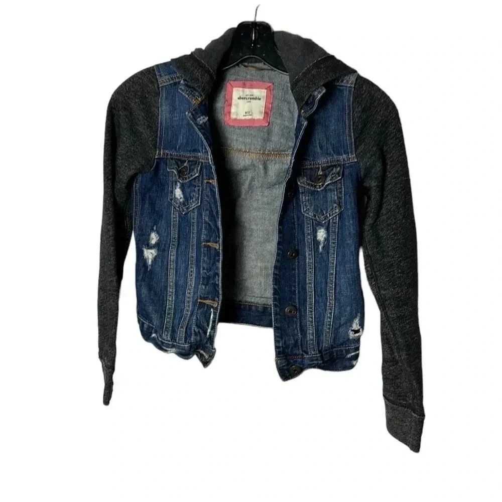 Abercrombie kids M/12, denim jacket. Distressed,multi media,hood,back to school